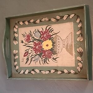 Rustic Floral Hand Painted Tray with Green Border